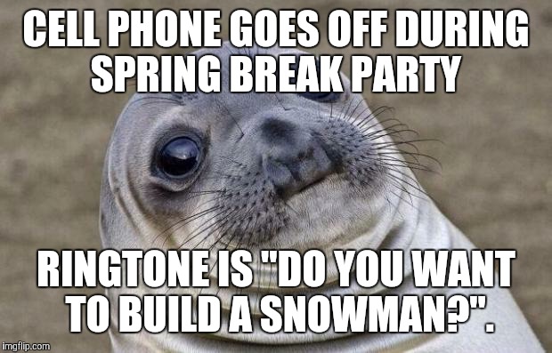 Not a true story, by the way. Thank God.  | CELL PHONE GOES OFF DURING SPRING BREAK PARTY; RINGTONE IS "DO YOU WANT TO BUILD A SNOWMAN?". | image tagged in memes,awkward moment sealion,cell phone,ringtone,do you want to build a snowman,frozen | made w/ Imgflip meme maker