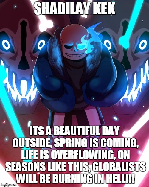 Sans Undertale | SHADILAY KEK; ITS A BEAUTIFUL DAY OUTSIDE, SPRING IS COMING, LIFE IS OVERFLOWING, ON SEASONS LIKE THIS, GLOBALISTS WILL BE BURNING IN HELL!!! | image tagged in sans undertale | made w/ Imgflip meme maker