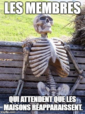 Waiting Skeleton Meme | LES MEMBRES; QUI ATTENDENT QUE LES MAISONS RÉAPPARAISSENT. | image tagged in memes,waiting skeleton | made w/ Imgflip meme maker