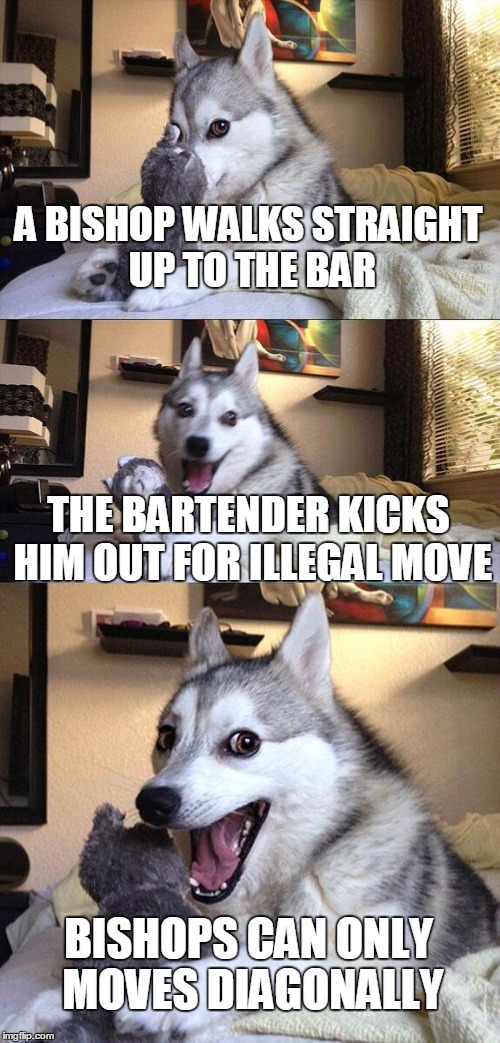 Bad Pun Dog Meme | A BISHOP WALKS STRAIGHT UP TO THE BAR; THE BARTENDER KICKS HIM OUT FOR ILLEGAL MOVE; BISHOPS CAN ONLY MOVES DIAGONALLY | image tagged in memes,bad pun dog | made w/ Imgflip meme maker