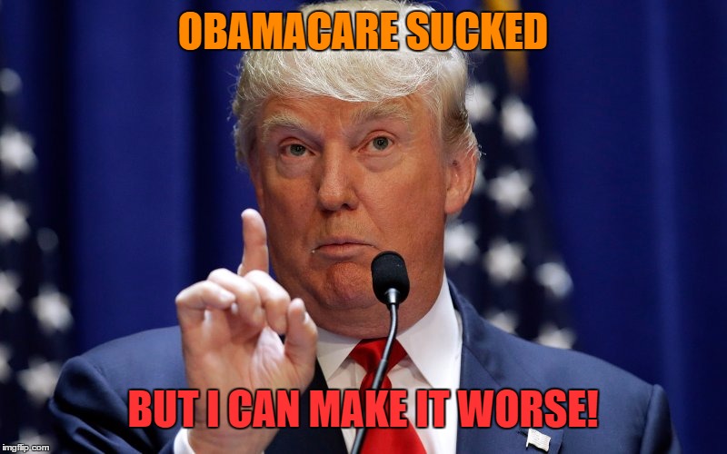 Donald Trump | OBAMACARE SUCKED; BUT I CAN MAKE IT WORSE! | image tagged in donald trump | made w/ Imgflip meme maker