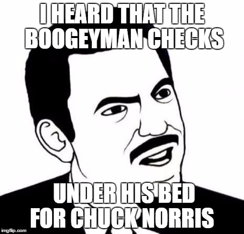 Seriously Face | I HEARD THAT THE BOOGEYMAN CHECKS; UNDER HIS BED FOR CHUCK NORRIS | image tagged in memes,seriously face | made w/ Imgflip meme maker