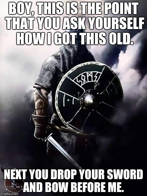 Viking Warrior | BOY, THIS IS THE POINT THAT YOU ASK YOURSELF HOW I GOT THIS OLD. NEXT YOU DROP YOUR SWORD AND BOW BEFORE ME. | image tagged in viking warrior | made w/ Imgflip meme maker