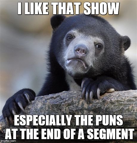 Confession Bear Meme | I LIKE THAT SHOW ESPECIALLY THE PUNS AT THE END OF A SEGMENT | image tagged in memes,confession bear | made w/ Imgflip meme maker