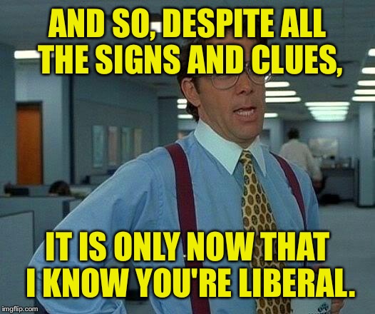 That Would Be Great Meme | AND SO, DESPITE ALL THE SIGNS AND CLUES, IT IS ONLY NOW THAT I KNOW YOU'RE LIBERAL. | image tagged in memes,that would be great | made w/ Imgflip meme maker