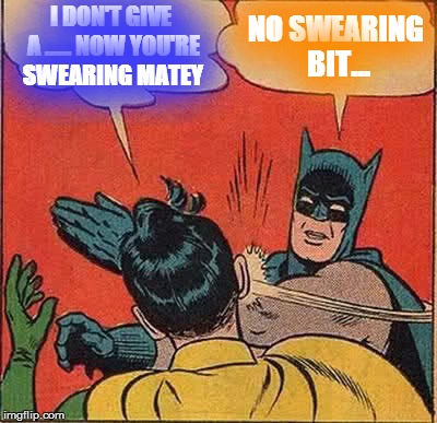 Batman Slapping Robin | I DON'T GIVE A ......
NOW YOU'RE SWEARING MATEY; NO SWEARING BIT... | image tagged in memes,batman slapping robin | made w/ Imgflip meme maker