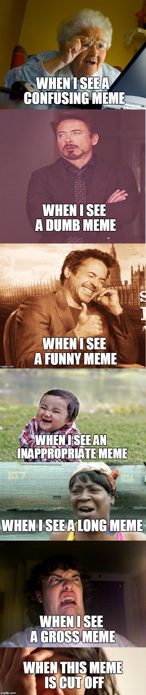 My reactions to memes (and maby  yours) | WHEN I SEE A CONFUSING MEME; WHEN I SEE A DUMB MEME; WHEN I SEE A FUNNY MEME; WHEN I SEE AN INAPPROPRIATE MEME; WHEN I SEE A LONG MEME; WHEN I SEE A GROSS MEME; WHEN THIS MEME IS CUT OFF | image tagged in long meme,meme faces,funny memes,funny,face reactions,reactions | made w/ Imgflip meme maker