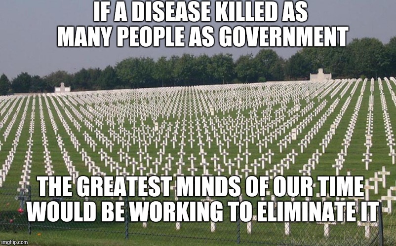 ww2 graves | IF A DISEASE KILLED AS MANY PEOPLE AS GOVERNMENT; THE GREATEST MINDS OF OUR TIME WOULD BE WORKING TO ELIMINATE IT | image tagged in ww2 graves | made w/ Imgflip meme maker