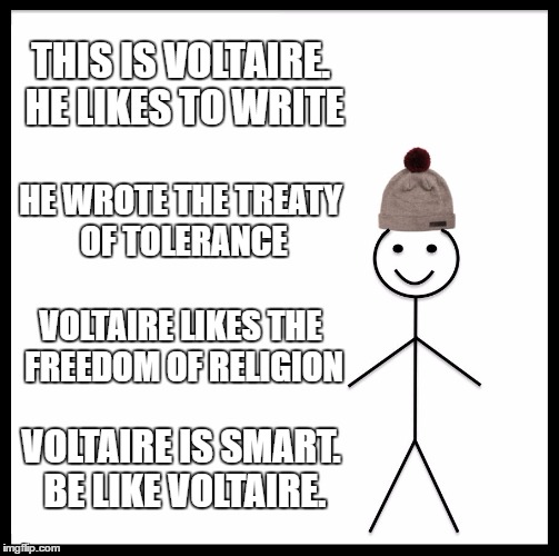 Be Like Bill | THIS IS VOLTAIRE. HE LIKES TO WRITE; HE WROTE THE TREATY OF TOLERANCE; VOLTAIRE LIKES THE FREEDOM OF RELIGION; VOLTAIRE IS SMART. BE LIKE VOLTAIRE. | image tagged in memes,be like bill | made w/ Imgflip meme maker