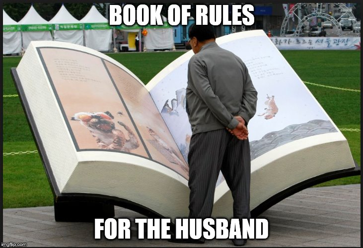 BOOK OF RULES; FOR THE HUSBAND | image tagged in book,marriage equality,husband,humor,library,rules | made w/ Imgflip meme maker