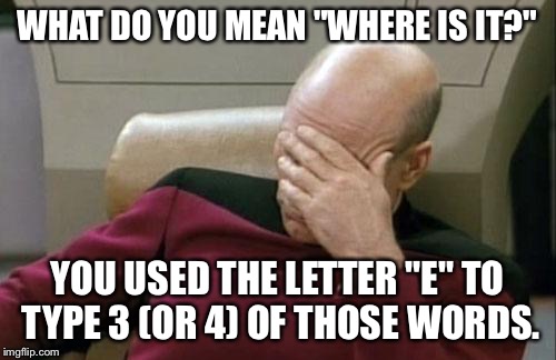 Captain Picard Facepalm Meme | WHAT DO YOU MEAN "WHERE IS IT?" YOU USED THE LETTER "E" TO TYPE 3 (OR 4) OF THOSE WORDS. | image tagged in memes,captain picard facepalm | made w/ Imgflip meme maker