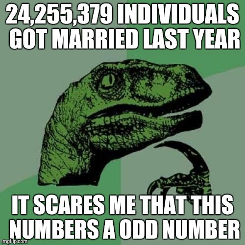 Philosoraptor Meme | 24,255,379 INDIVIDUALS GOT MARRIED LAST YEAR; IT SCARES ME THAT THIS NUMBERS A ODD NUMBER | image tagged in memes,philosoraptor | made w/ Imgflip meme maker