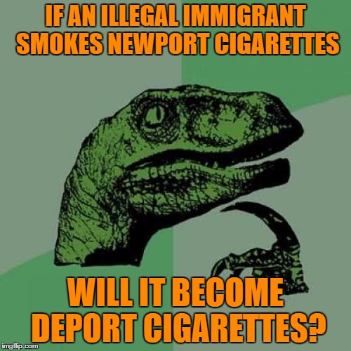 Philosoraptor | IF AN ILLEGAL IMMIGRANT SMOKES NEWPORT CIGARETTES; WILL IT BECOME DEPORT CIGARETTES? | image tagged in memes,philosoraptor | made w/ Imgflip meme maker