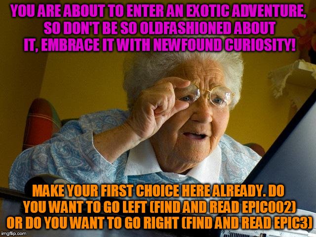 epic001 | YOU ARE ABOUT TO ENTER AN EXOTIC ADVENTURE, SO DON'T BE SO OLDFASHIONED ABOUT IT, EMBRACE IT WITH NEWFOUND CURIOSITY! MAKE YOUR FIRST CHOICE HERE ALREADY. DO YOU WANT TO GO LEFT (FIND AND READ EPIC002) OR DO YOU WANT TO GO RIGHT (FIND AND READ EPIC3) | image tagged in memes,grandma finds the internet,adventure game | made w/ Imgflip meme maker