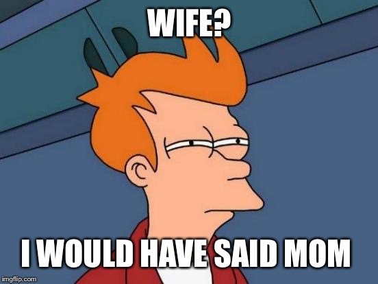 Futurama Fry Meme | WIFE? I WOULD HAVE SAID MOM | image tagged in memes,futurama fry | made w/ Imgflip meme maker