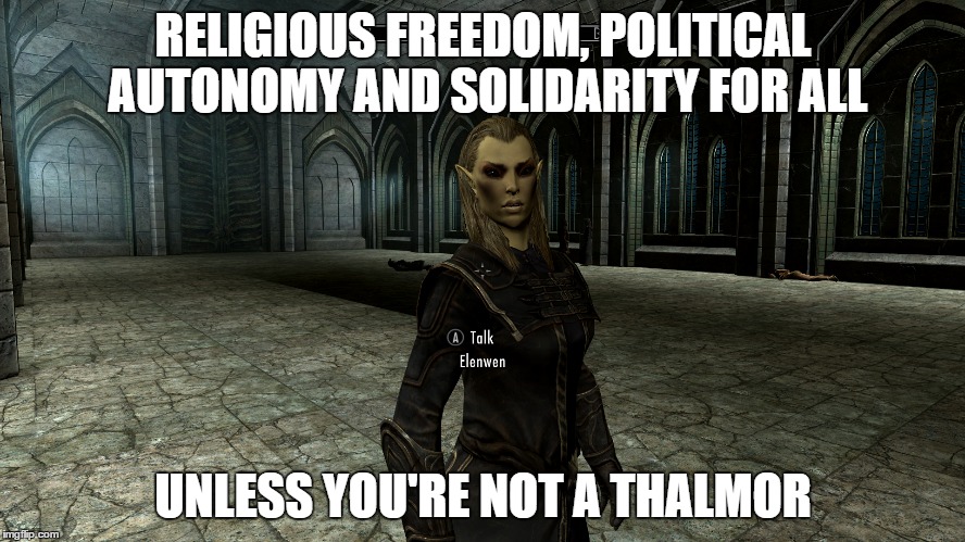 RELIGIOUS FREEDOM, POLITICAL AUTONOMY AND SOLIDARITY FOR ALL; UNLESS YOU'RE NOT A THALMOR | image tagged in skyrim | made w/ Imgflip meme maker