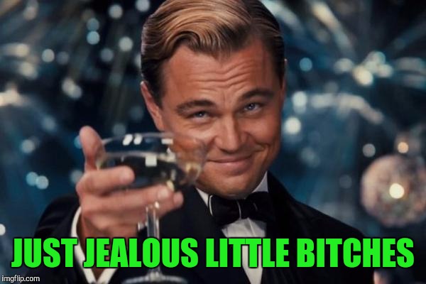 Leonardo Dicaprio Cheers Meme | JUST JEALOUS LITTLE B**CHES | image tagged in memes,leonardo dicaprio cheers | made w/ Imgflip meme maker