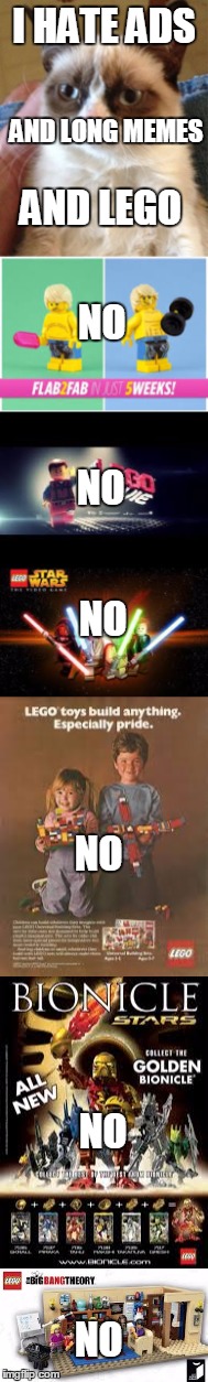 He hates this. | I HATE ADS; AND LONG MEMES; AND LEGO; NO; NO; NO; NO; NO; NO | image tagged in funny,grumpy cat,lego week | made w/ Imgflip meme maker