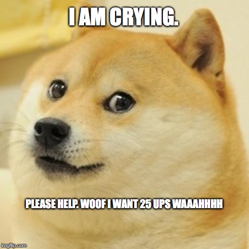 Doge Meme | I AM CRYING. PLEASE HELP. WOOF I WANT 25 UPS WAAAHHHH | image tagged in memes,doge | made w/ Imgflip meme maker