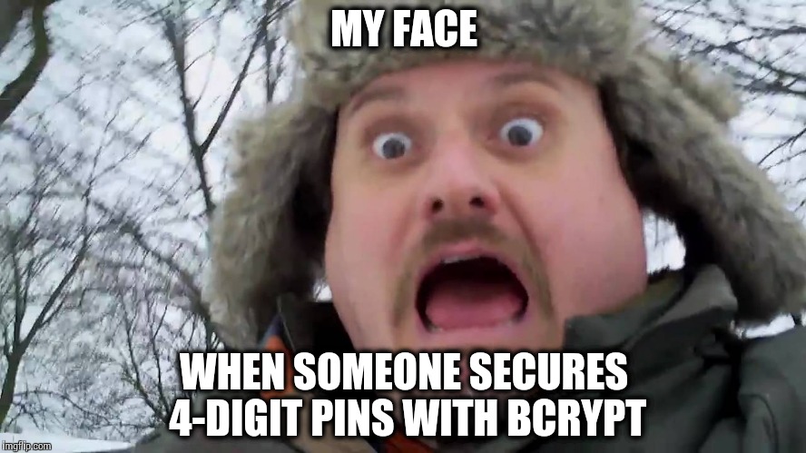 Security is hard… | MY FACE; WHEN SOMEONE SECURES 4-DIGIT PINS WITH BCRYPT | image tagged in security,memes,funny,password,face | made w/ Imgflip meme maker