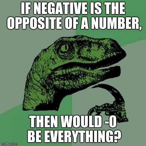 nothing and everything | IF NEGATIVE IS THE OPPOSITE OF A NUMBER, THEN WOULD -0 BE EVERYTHING? | image tagged in memes,philosoraptor,negative,zero,mind blown | made w/ Imgflip meme maker