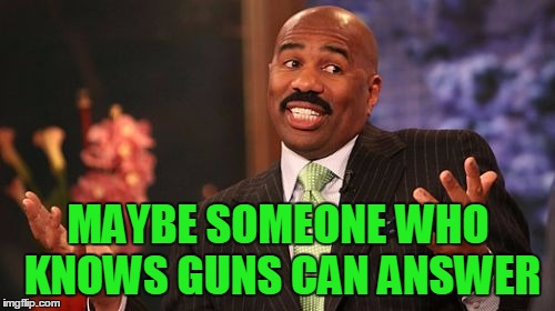 Steve Harvey Meme | MAYBE SOMEONE WHO KNOWS GUNS CAN ANSWER | image tagged in memes,steve harvey | made w/ Imgflip meme maker