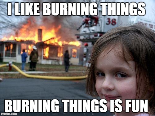 Disaster Girl | I LIKE BURNING THINGS; BURNING THINGS IS FUN | image tagged in memes,disaster girl | made w/ Imgflip meme maker