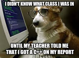 coding k9 | I DIDN'T KNOW WHAT CLASS I WAS IN; UNTIL MY TEACHER TOLD ME THAT I GOT A C++ ON MY REPORT | image tagged in coding k9 | made w/ Imgflip meme maker
