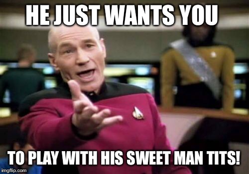 Picard Wtf Meme | HE JUST WANTS YOU TO PLAY WITH HIS SWEET MAN TITS! | image tagged in memes,picard wtf | made w/ Imgflip meme maker