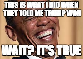 THIS IS WHAT I DID WHEN THEY TOLD ME TRUMP WON; WAIT? IT'S TRUE | image tagged in obama | made w/ Imgflip meme maker