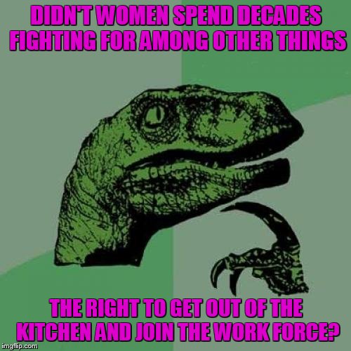 Philosoraptor Meme | DIDN'T WOMEN SPEND DECADES FIGHTING FOR AMONG OTHER THINGS THE RIGHT TO GET OUT OF THE KITCHEN AND JOIN THE WORK FORCE? | image tagged in memes,philosoraptor | made w/ Imgflip meme maker