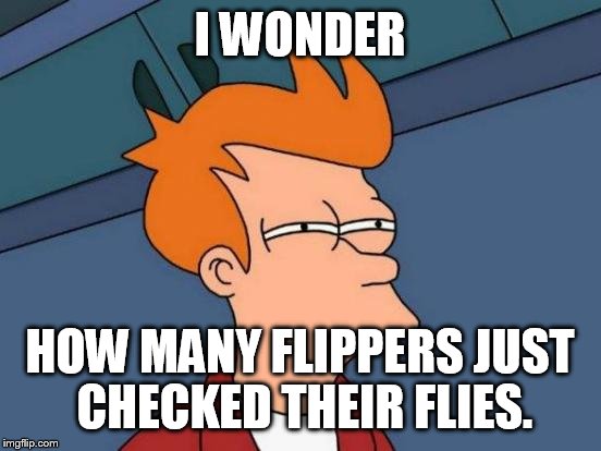 Futurama Fry Meme | I WONDER HOW MANY FLIPPERS JUST CHECKED THEIR FLIES. | image tagged in memes,futurama fry | made w/ Imgflip meme maker