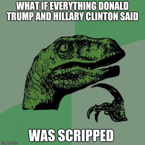 Philosoraptor | WHAT IF EVERYTHING DONALD TRUMP AND HILLARY CLINTON SAID; WAS SCRIPPED | image tagged in memes,philosoraptor | made w/ Imgflip meme maker