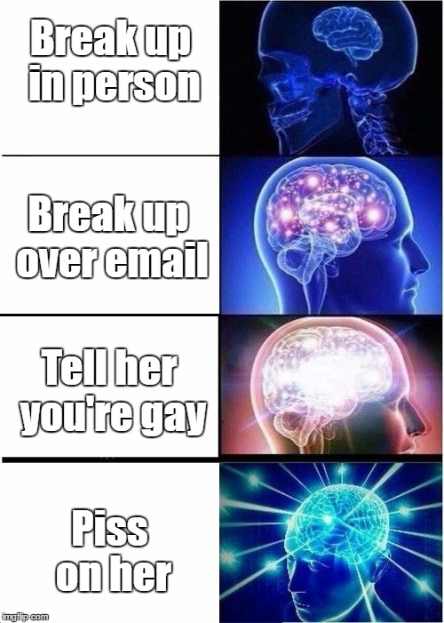Expanding Brain Meme | Break up in person; Break up over email; Tell her you're gay; Piss on her | image tagged in expanding brain | made w/ Imgflip meme maker
