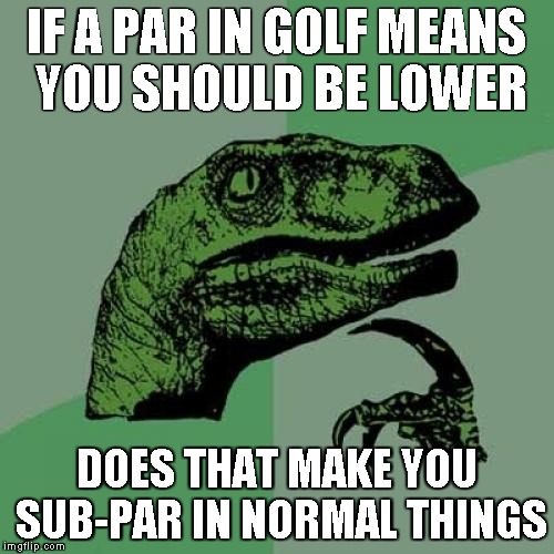 Philosoraptor | IF A PAR IN GOLF MEANS YOU SHOULD BE LOWER; DOES THAT MAKE YOU SUB-PAR IN NORMAL THINGS | image tagged in memes,philosoraptor | made w/ Imgflip meme maker