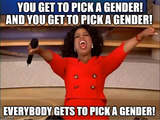 Oprah You Get A Meme | YOU GET TO PICK A GENDER! AND YOU GET TO PICK A GENDER! EVERYBODY GETS TO PICK A GENDER! | image tagged in memes,oprah you get a | made w/ Imgflip meme maker
