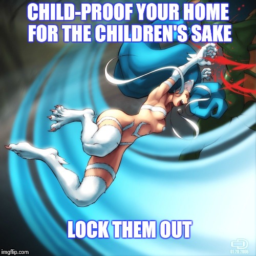 CHILD-PROOF YOUR HOME FOR THE CHILDREN'S SAKE LOCK THEM OUT | image tagged in cat girl felicia | made w/ Imgflip meme maker