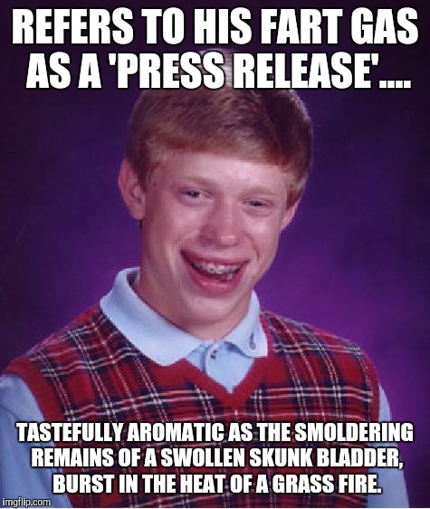 Bad Luck Brian Meme | REFERS TO HIS FART GAS AS A 'PRESS RELEASE'.... TASTEFULLY AROMATIC AS THE SMOLDERING REMAINS OF A SWOLLEN SKUNK BLADDER, BURST IN THE HEAT OF A GRASS FIRE. | image tagged in memes,bad luck brian | made w/ Imgflip meme maker