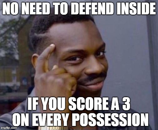 black guy pointing at head | NO NEED TO DEFEND INSIDE; IF YOU SCORE A 3 ON EVERY POSSESSION | image tagged in black guy pointing at head | made w/ Imgflip meme maker