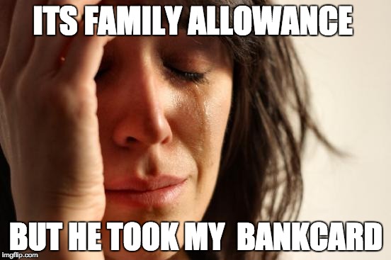 First World Problems | ITS FAMILY ALLOWANCE; BUT HE TOOK MY 
BANKCARD | image tagged in memes,first world problems | made w/ Imgflip meme maker