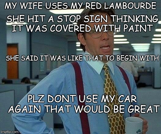 That Would Be Great | MY WIFE USES MY RED LAMBOURDE; SHE HIT A STOP SIGN THINKING IT WAS COVERED WITH PAINT; SHE SAID IT WAS LIKE THAT TO BEGIN WITH; PLZ DONT USE MY CAR AGAIN THAT WOULD BE GREAT | image tagged in memes,that would be great | made w/ Imgflip meme maker