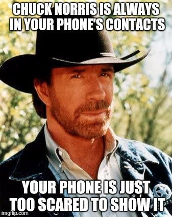 Chuck Norris Meme | CHUCK NORRIS IS ALWAYS IN YOUR PHONE'S CONTACTS; YOUR PHONE IS JUST TOO SCARED TO SHOW IT | image tagged in memes,chuck norris | made w/ Imgflip meme maker