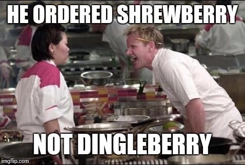 Who's doing the shopping  | HE ORDERED SHREWBERRY; NOT DINGLEBERRY | image tagged in funny memes,angry chef gordon ramsay | made w/ Imgflip meme maker