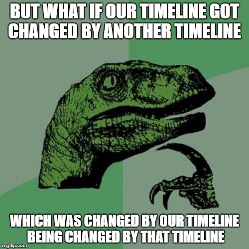 TimeLineRaptor | BUT WHAT IF OUR TIMELINE GOT CHANGED BY ANOTHER TIMELINE; WHICH WAS CHANGED BY OUR TIMELINE BEING CHANGED BY THAT TIMELINE | image tagged in memes,philosoraptor,time travel,wtf | made w/ Imgflip meme maker