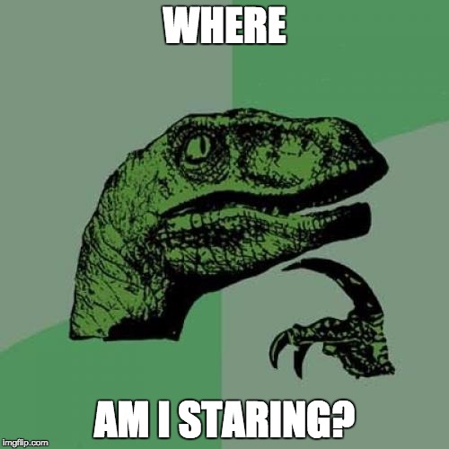 Philosoraptor | WHERE; AM I STARING? | image tagged in memes,philosoraptor | made w/ Imgflip meme maker