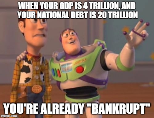 X, X Everywhere Meme | WHEN YOUR GDP IS 4 TRILLION, AND YOUR NATIONAL DEBT IS 20 TRILLION YOU'RE ALREADY "BANKRUPT" | image tagged in memes,x x everywhere | made w/ Imgflip meme maker