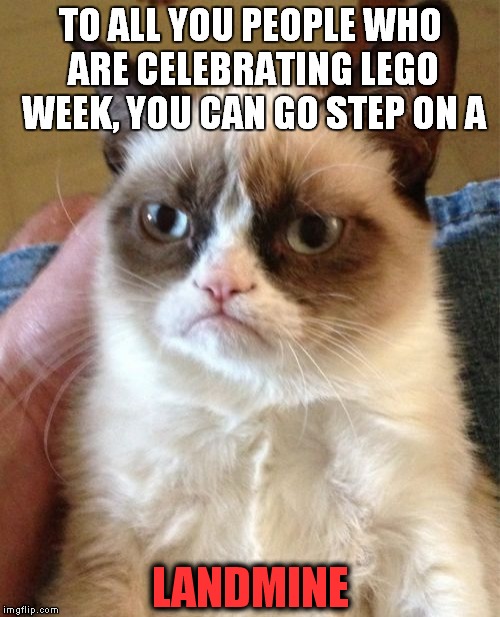 lol srsly tho lego week was a good idea xD | TO ALL YOU PEOPLE WHO ARE CELEBRATING LEGO WEEK, YOU CAN GO STEP ON A; LANDMINE | image tagged in memes,grumpy cat,lego week,funny,juicydeath1025,rainbowpalooza64 | made w/ Imgflip meme maker
