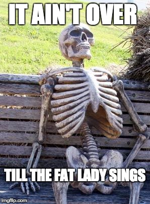 Waiting Skeleton Meme | IT AIN'T OVER; TILL THE FAT LADY SINGS | image tagged in memes,waiting skeleton | made w/ Imgflip meme maker