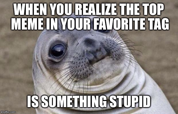 Awkward Moment Sealion Meme | WHEN YOU REALIZE THE TOP MEME IN YOUR FAVORITE TAG IS SOMETHING STUPID | image tagged in memes,awkward moment sealion | made w/ Imgflip meme maker