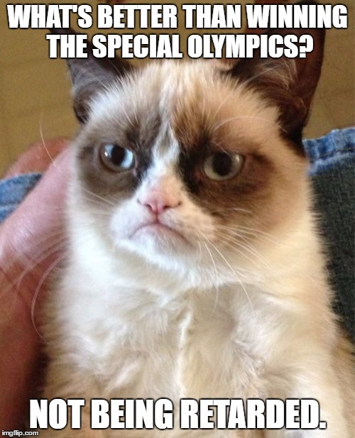 Grumpy Cat Meme | WHAT'S BETTER THAN WINNING THE SPECIAL OLYMPICS? NOT BEING RETARDED. | image tagged in memes,grumpy cat | made w/ Imgflip meme maker